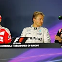 (L to R): Sebastian Vettel (GER) Ferrari, race winner Nico Rosberg (GER) Mercedes AMG F1 and Sergio Perez (MEX) Force India in the Press Conference at Formula One World Championship, Rd8, European Grand Prix, Race, Baku City Circuit, Baku, Azerbaijan, Sunday 19 June 2016. © Sutton Images