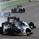 Daniil Kvyat (RUS) Scuderia Toro Rosso STR11 locks up and Nico Hulkenberg (GER) Force India VJM09 at Formula One World Championship, Rd8, European Grand Prix, Race, Baku City Circuit, Baku, Azerbaijan, Sunday 19 June 2016. © Sutton Images