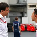 Toto Wolff (AUT) Mercedes AMG F1 Director of Motorsport and Yusuke Hasegawa (JPN) Head of Honda Motorsport at Formula One World Championship, Rd8, European Grand Prix, Race, Baku City Circuit, Baku, Azerbaijan, Sunday 19 June 2016. © Sutton Images