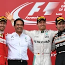 Race winner Nico Rosberg (GER) Mercedes AMG F1 celebrates on the podium on the podium wth Sergio Perez (MEX) Force India and Sebastian Vettel (GER) Ferrari at Formula One World Championship, Rd8, European Grand Prix, Race, Baku City Circuit, Baku, Azerbaijan, Sunday 19 June 2016. © Sutton Images