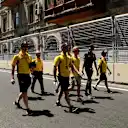 Kevin Magnussen (DEN) Renault Sport F1 Team and Esteban Ocon (FRA) Renault Sport F1 Team walk the track at Formula One World Championship, Rd8, European Grand Prix, Preparations, Baku City Circuit, Baku, Azerbaijan, Thursday 16 June 2016. © Sutton Images