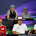 (L to R): Carlos Sainz jr (ESP) Scuderia Toro Rosso, Nico Hulkenberg (GER) Force India F1, Rio Haryanto (IDN) Manor Racing, Sebastian Vettel (GER) Ferrari, Fernando Alonso (ESP) McLaren AND Valtteri Bottas (FIN) Williams in the Press Conference at Formula One World Championship, Rd8, European Grand Prix, Preparations, Baku City Circuit, Baku, Azerbaijan, Thursday 16 June 2016. © Sutton Images