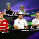(L to R): Carlos Sainz jr (ESP) Scuderia Toro Rosso, Nico Hulkenberg (GER) Force India F1, Rio Haryanto (IDN) Manor Racing, Sebastian Vettel (GER) Ferrari, Fernando Alonso (ESP) McLaren AND Valtteri Bottas (FIN) Williams in the Press Conference at Formula One World Championship, Rd8, European Grand Prix, Preparations, Baku City Circuit, Baku, Azerbaijan, Thursday 16 June 2016. © Sutton Images