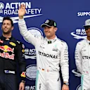 (L to R): Daniel Ricciardo (AUS) Red Bull Racing, pole sitter Nico Rosberg (GER) Mercedes AMG F1 and Lewis Hamilton (GBR) Mercedes AMG F1 celebrate in parc ferme at Formula One World Championship, Rd12, German Grand Prix, Qualifying, Hockenheim, Germany, Saturday 30 July 2016. © Sutton Images