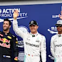(L to R): Daniel Ricciardo (AUS) Red Bull Racing, pole sitter Nico Rosberg (GER) Mercedes AMG F1 and Lewis Hamilton (GBR) Mercedes AMG F1 celebrate in parc ferme at Formula One World Championship, Rd12, German Grand Prix, Qualifying, Hockenheim, Germany, Saturday 30 July 2016. © Sutton Images