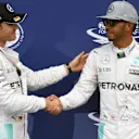 Pole sitter Nico Rosberg (GER) Mercedes AMG F1 and Lewis Hamilton (GBR) Mercedes AMG F1 celebrate oin parc ferme at Formula One World Championship, Rd12, German Grand Prix, Qualifying, Hockenheim, Germany, Saturday 30 July 2016. © Sutton Images