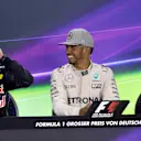 Daniel Ricciardo (AUS) Red Bull Racing, Lewis Hamilton (GBR) Mercedes AMG F1 and Max Verstappen (NED) Red Bull Racing in the Press Conference at Formula One World Championship, Rd12, German Grand Prix, Race, Hockenheim, Germany, Sunday 31 July 2016. © Sutton Images