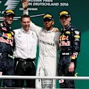 (L to R): Daniel Ricciardo (AUS) Red Bull Racing, Lewis Hamilton (GBR) Mercedes AMG F1 and Max Verstappen (NED) Red Bull Racing celebrate on the podium at Formula One World Championship, Rd12, German Grand Prix, Race, Hockenheim, Germany, Sunday 31 July 2016. © Sutton Images