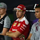Nico Hulkenberg (GER) Force India F1, Sebastian Vettel (GER) Ferrari and Pascal Wehrlein (GER) Manor Racing in the Press Conference at Formula One World Championship, Rd12, German Grand Prix, Preparations, Hockenheim, Germany, Thursday 28 July 2016. © Sutton Images