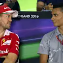 Sebastian Vettel (GER) Ferrari and Pascal Wehrlein (GER) Manor Racing in the Press Conference at Formula One World Championship, Rd12, German Grand Prix, Preparations, Hockenheim, Germany, Thursday 28 July 2016. © Sutton Images