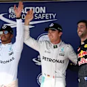 (L to R): Lewis Hamilton (GBR) Mercedes AMG F1, pole sitter Nico Rosberg (GER) Mercedes AMG F1 and Daniel Ricciardo (AUS) Red Bull Racing celebrate in parc ferme at Formula One World Championship, Rd11, Hungarian Grand Prix, Qualifying, Hungaroring, Hungary, Saturday 23 July 2016. © Sutton Images