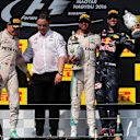 (L to R): Nico Rosberg (GER) Mercedes AMG F1, Ron Meadows (GBR) Mercedes AMG F1 Team Manager, race winner Lewis Hamilton (GBR) Mercedes AMG F1 and Daniel Ricciardo (AUS) Red Bull Racing celebrate on the podium with the trophies at Formula One World Championship, Rd11, Hungarian Grand Prix, Race, Hungaroring, Hungary, Sunday 24 July 2016. © Sutton Images