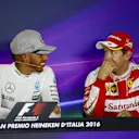 Pole sitter Lewis Hamilton (GBR) Mercedes AMG F1 and Sebastian Vettel (GER) Ferrari in the Press Conference at Formula One World Championship, Rd14, Italian Grand Prix, Qualifying, Monza, Italy, Saturday 3 September 2016. © Sutton Images