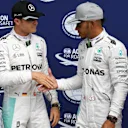 Pole sitter Lewis Hamilton (GBR) Mercedes AMG F1 and Nico Rosberg (GER) Mercedes AMG F1 celebrate in parc ferme at Formula One World Championship, Rd14, Italian Grand Prix, Qualifying, Monza, Italy, Saturday 3 September 2016. © Sutton Images