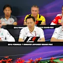 (L to R): Paddy Lowe (GBR) Mercedes AMG F1 Executive Director (Technical), Ayao Komatsu (JPN) Haas F1 Engineer, Yusuke Hasegawa (JPN) Head of Honda Motorsport, Bob Bell (GBR) Renault Sport F1 Team, Pat Symonds (GBR) Williams Technical Director and Luigi Fraboni (ITA) Head of Ferrari Engine Operations in the Press Conference at Formula One World Championship, Rd17, Japanese Grand Prix, Practice, Suzuka, Japan, Friday 7 October 2016. © Sutton Images