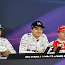 Lewis Hamilton (GBR) Mercedes AMG F1, pole sitter Nico Rosberg (GER) Mercedes AMG F1 and Kimi Raikkonen (FIN) Ferrari in the Press Conference at Formula One World Championship, Rd17, Japanese Grand Prix, Qualifying, Suzuka, Japan, Saturday 8 October 2016. © Sutton Images