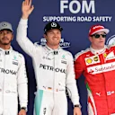 (L to R): Lewis Hamilton (GBR) Mercedes AMG F1, pole sitter Nico Rosberg (GER) Mercedes AMG F1 and Kimi Raikkonen (FIN) Ferrari celebrate in parc ferme at Formula One World Championship, Rd17, Japanese Grand Prix, Qualifying, Suzuka, Japan, Saturday 8 October 2016. © Sutton Images