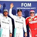 (L to R): Lewis Hamilton (GBR) Mercedes AMG F1, pole sitter Nico Rosberg (GER) Mercedes AMG F1 and Kimi Raikkonen (FIN) Ferrari celebrate in parc ferme at Formula One World Championship, Rd17, Japanese Grand Prix, Qualifying, Suzuka, Japan, Saturday 8 October 2016. © Sutton Images