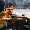 Kevin Magnussen (DEN) Renault Sport F1 Team RS16 on fire in pit lane during FP1 at Formula One World Championship, Rd16, Malaysian Grand Prix, Practice, Sepang, Malaysia, Friday 30 September 2016. © Sutton Images