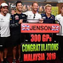 Jenson Button celebrates his 300th Grand Prix withFernando Alonso (ESP) McLaren, Daniel Ricciardo (AUS) Red Bull Racing, Marcus Ericsson (SWE) Sauber and Stoffel Vandoorne (BEL) McLaren at Formula One World Championship, Rd16, Malaysian Grand Prix, Practice, Sepang, Malaysia, Friday 30 September 2016. © Sutton Images