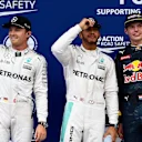 (L to R): Nico Rosberg (GER) Mercedes AMG F1, pole sitter Lewis Hamilton (GBR) Mercedes AMG F1 and Max Verstappen (NED) Red Bull Racing celebrate in parc ferme at Formula One World Championship, Rd16, Malaysian Grand Prix, Qualifying, Sepang, Malaysia, Saturday 1 October 2016. © Sutton Images