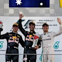 Race winner Daniel Ricciardo (AUS) Red Bull Racing celebrates on the podium with the trophy alongside second placed Max Verstappen (NED) Red Bull Racing and third placed Nico Rosberg (GER) Mercedes AMG F1 at Formula One World Championship, Rd16, Malaysian Grand Prix, Race,  Sepang, Malaysia, Sunday 2 October 2016. © Sutton Images