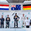 Christian Horner (GBR) Red Bull Racing Team Principal, Max Verstappen (NED) Red Bull Racing, race winner Daniel Ricciardo (AUS) Red Bull Racing and Nico Rosberg (GER) Mercedes AMG F1 celebrate on the podium at Formula One World Championship, Rd16, Malaysian Grand Prix, Race,  Sepang, Malaysia, Sunday 2 October 2016. © Sutton Images