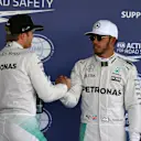 Pole sitter Lewis Hamilton (GBR) Mercedes AMG F1 celebrates with Nico Rosberg (GER) Mercedes AMG F1 in parc ferme at Formula One World Championship, Rd19, Mexican Grand Prix, Qualifying, Circuit Hermanos Rodriguez, Mexico City, Mexico, Saturday 29 October 2016. © Sutton Images
