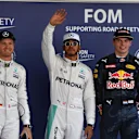 (L to R): Nico Rosberg (GER) Mercedes AMG F1, pole sitter Lewis Hamilton (GBR) Mercedes AMG F1 and Max Verstappen (NED) Red Bull Racing celebrate in parc ferme at Formula One World Championship, Rd19, Mexican Grand Prix, Qualifying, Circuit Hermanos Rodriguez, Mexico City, Mexico, Saturday 29 October 2016. © Sutton Images