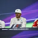 (L to R): Nico Rosberg (GER) Mercedes AMG F1, Lewis Hamilton (GBR) Mercedes AMG F1 and Sebastian Vettel (GER) Ferrari in the Press Conference at Formula One World Championship, Rd19, Mexican Grand Prix, Race, Circuit Hermanos Rodriguez, Mexico City, Mexico, Sunday 30 October 2016. © Sutton Images