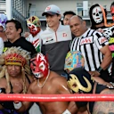 Valtteri Bottas (FIN) Williams and Esteban Gutierrez (MEX) Haas F1 at Lucha Libre Wrestling Fiesta at Formula One World Championship, Rd19, Mexican Grand Prix, Preparations, Circuit Hermanos Rodriguez, Mexico City, Mexico, Thursday 27 October 2016. © Sutton Images