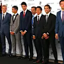 (L to R): Daniel Ricciardo (AUS) Red Bull Racing, Marcus Ericsson (SWE) Sauber, Pascal Wehrlein (GER) Manor Racing, Esteban Ocon (FRA) Renault Sport F1 Team, Marc Gene (ESP) Ferrari, Rio Haryanto (IDN) Manor Racing, Felipe Nasr (BRA) Sauber and Jolyon Palmer (GBR) Renault Sport F1 Team at Amber Lounge Fashion Show, Le Meridien Beach Plaza Hotel, Monaco, Friday 27 May 2016. © Sutton Images