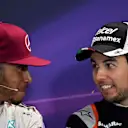 Lewis Hamilton (GBR) Mercedes AMG F1 and Sergio Perez (MEX) Force India in the Press Conference at Formula One World Championship, Rd6, Monaco Grand Prix, Race, Monte-Carlo, Monaco, Sunday 29 May 2016. © Sutton Images