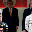 Race winner Lewis Hamilton (GBR) Mercedes AMG F1 abd second placed Daniel Ricciardo (AUS) Red Bull Racing on the podium at Formula One World Championship, Rd6, Monaco Grand Prix, Race, Monte-Carlo, Monaco, Sunday 29 May 2016. © Sutton Images