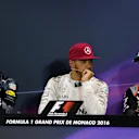 Daniel Ricciardo (AUS) Red Bull Racing, Lewis Hamilton (GBR) Mercedes AMG F1 and Sergio Perez (MEX) Force India in the Press Conference at Formula One World Championship, Rd6, Monaco Grand Prix, Race, Monte-Carlo, Monaco, Sunday 29 May 2016. © Sutton Images
