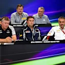 (L to R): Ayao Komatsu (JPN) Haas F1 Engineer, Paul Hembery (GBR) Pirelli Motorsport Director, John McQuilliam (GBR) Manor Racing Technical Director, Otmar Szafnauer (USA) Force India Formula One Team Chief Operating Officer, James Key (GBR) Scuderia Toro Rosso Technical Director and Beat Zehnder (SUI) Sauber F1 Team Manager in the Press Conference at Formula One World Championship, Rd4, Russian Grand Prix, Practice, Sochi Autodrom, Sochi, Krasnodar Krai, Russia, Friday 29 April 2016. © Sutton Motorsport...