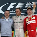(L to R): Lewis Hamilton (GBR) Mercedes AMG F1, race winner Nico Rosberg (GER) Mercedes AMG F1 and Kimi Raikkonen (FIN) Ferrari celebrate on the podium at Formula One World Championship, Rd4, Russian Grand Prix, Race, Sochi Autodrom, Sochi, Krasnodar Krai, Russia, Sunday 1 May 2016. © Sutton Motorsport Images