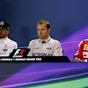 Lewis Hamilton (GBR) Mercedes AMG F1, Nico Rosberg (GER) Mercedes AMG F1 and Kimi Raikkonen (FIN) Ferrari in the Press Conference at Formula One World Championship, Rd4, Russian Grand Prix, Race, Sochi Autodrom, Sochi, Krasnodar Krai, Russia, Sunday 1 May 2016. © Sutton Motorsport Images