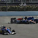 Rio Haryanto (IDN) Manor Racing MRT05 and Marcus Ericsson (SWE) Sauber C35 crash at the start of the race at Formula One World Championship, Rd4, Russian Grand Prix, Race, Sochi Autodrom, Sochi, Krasnodar Krai, Russia, Sunday 1 May 2016. © Sutton Motorsport Images