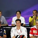 (L to R): Guenther Steiner (ITA) Haas F1 Team Prinicipal, Monisha Kaltenborn (AUT) Sauber Team Prinicpal, Cyril Abiteboul (FRA) Renault Sport F1 Managing Director, Christian Horner (GBR) Red Bull Racing Team Principal, Toto Wolff (AUT) Mercedes AMG F1 Director of Motorsport and Maurizio Arrivabene (ITA) Ferrari Team Principal in the Press Conference at Formula One World Championship, Rd15, Singapore Grand Prix, Practice, Marina Bay Street Circuit, Singapore, Friday 16 September 2016. © Sutton Images