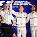 (L to R): Daniel Ricciardo (AUS) Red Bull Racing, Mark Ellis (GBR) Mercedes AMG F1 Performance Director, Race winner Nico Rosberg (GER) Mercedes AMG F1 and Lewis Hamilton (GBR) Mercedes AMG F1 celebrate on the podium at Formula One World Championship, Rd15, Singapore Grand Prix, Race, Marina Bay Street Circuit, Singapore, Sunday 18 September 2016. © Sutton Images