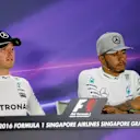 Nico Rosberg (GER) Mercedes AMG F1 and Lewis Hamilton (GBR) Mercedes AMG F1 in the Press Conference at Formula One World Championship, Rd15, Singapore Grand Prix, Race, Marina Bay Street Circuit, Singapore, Sunday 18 September 2016. © Sutton Images