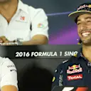 Valtteri Bottas (FIN) Williams and Daniel Ricciardo (AUS) Red Bull Racing in the Press Conference at Formula One World Championship, Rd15, Singapore Grand Prix, Preparations, Marina Bay Street Circuit, Singapore, Thursday 15 September 2016. © Sutton Images
