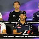 (L to R): Felipe Nasr (BRA) Sauber, Jolyon Palmer (GBR) Renault Sport F1 Team, Marcus Ericsson (SWE) Sauber, Valtteri Bottas (FIN) Williams, Daniel Ricciardo (AUS) Red Bull Racing and Sergio Perez (MEX) Force India in the Press Conference at Formula One World Championship, Rd15, Singapore Grand Prix, Preparations, Marina Bay Street Circuit, Singapore, Thursday 15 September 2016. © Sutton Images