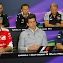 (L to R): Cyril Abiteboul (FRA) Renault Sport F1 Managing Director, Yusuke Hasegawa (JPN) Head of Honda Motorsport, Robert Fearnley (GBR) Force India F1 Team Deputy Team Principal, Maurizio Arrivabene (ITA) Ferrari Team Principal, Toto Wolff (AUT) Mercedes AMG F1 Director of Motorsport and Christian Horner (GBR) Red Bull Racing Team Principal in the Press Conference at Formula One World Championship, Rd5, Spanish Grand Prix, Practice, Barcelona, Spain, Friday 13 May 2016. © Sutton Images