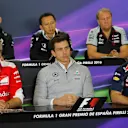 (L to R): Cyril Abiteboul (FRA) Renault Sport F1 Managing Director, Yusuke Hasegawa (JPN) Head of Honda Motorsport, Robert Fearnley (GBR) Force India F1 Team Deputy Team Principal, Maurizio Arrivabene (ITA) Ferrari Team Principal, Toto Wolff (AUT) Mercedes AMG F1 Director of Motorsport and Christian Horner (GBR) Red Bull Racing Team Principal in the Press Conference at Formula One World Championship, Rd5, Spanish Grand Prix, Practice, Barcelona, Spain, Friday 13 May 2016. © Sutton Images