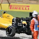The car of Jolyon Palmer (GBR) Renault Sport F1 Team RS16 is recovered after a rear tyre deflation in FP2 at Formula One World Championship, Rd5, Spanish Grand Prix, Practice, Barcelona, Spain, Friday 13 May 2016. © Sutton Images