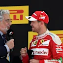 Placido Domingo (ESP) celebrates on the podium with Sebastian Vettel (GER) Ferrari at Formula One World Championship, Rd5, Spanish Grand Prix, Race, Barcelona, Spain, Sunday 15 May 2016. © Sutton Motorsport Images