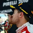 Sebastian Vettel (GER) Ferrari celebrates on the podium with the trophy at Formula One World Championship, Rd5, Spanish Grand Prix, Race, Barcelona, Spain, Sunday 15 May 2016. © Sutton Motorsport Images