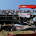 The car of Nico Hulkenberg (GER) Force India VJM09 is recovered after retiring from the race with a fire at Formula One World Championship, Rd5, Spanish Grand Prix, Race, Barcelona, Spain, Sunday 15 May 2016. © Sutton Images